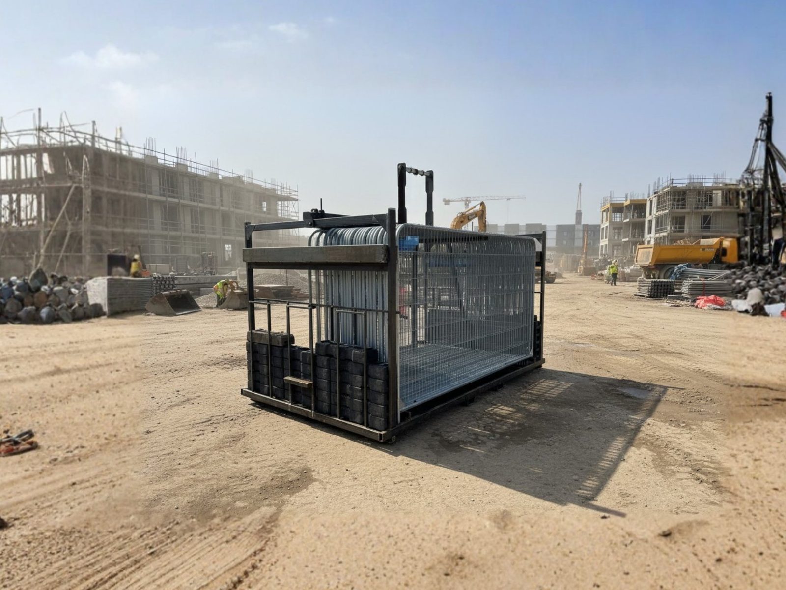 MWE FenceBag Heras fencing handler loaded with galvanised mesh fence panels on a construction site